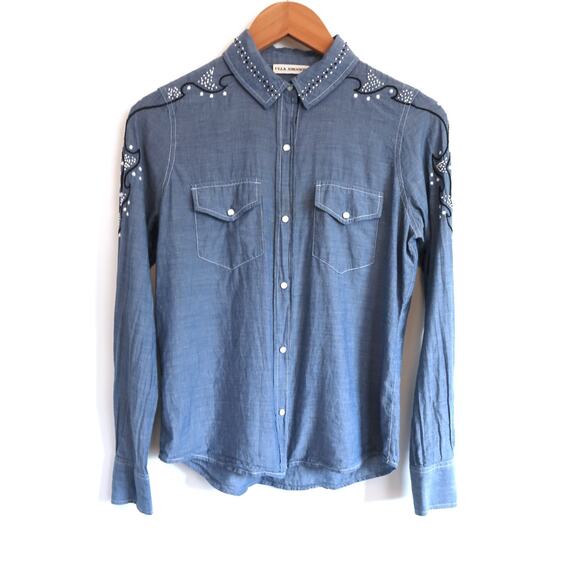 ULLA JOHNSON Willie Chambray Embroidered Western Snap Front Shirt Top 0 XS $230 - Picture 3 of 13